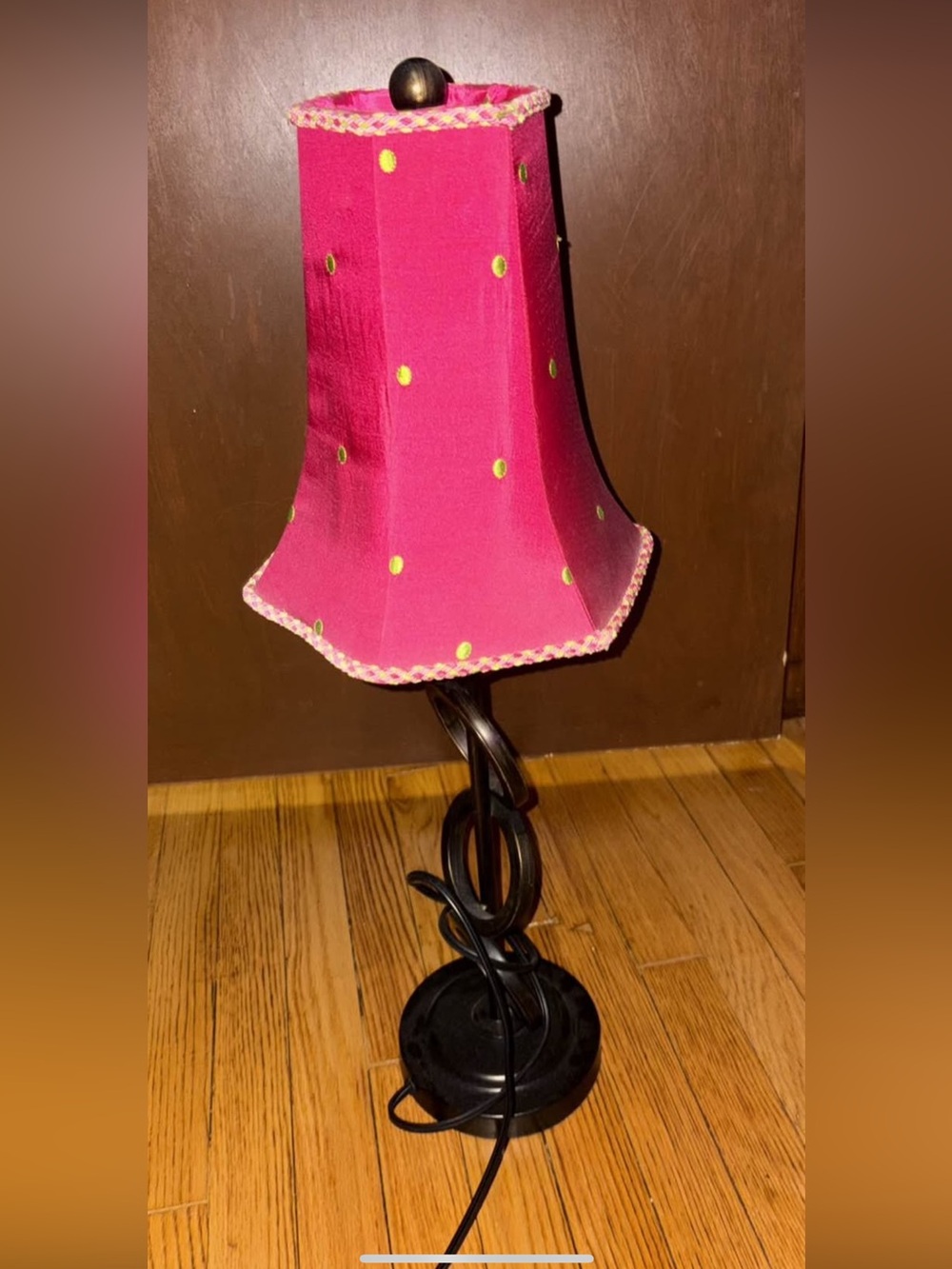 Pink Polka Dot Table Lamp with Dark Twisted Base
